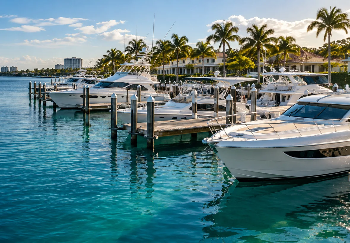 Motor yachts moored at a marina dock in clear turquoise water
