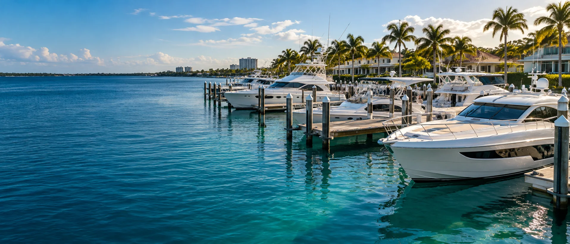 Marina with white motor yachts moored along wooden docks, palm trees and a sunny Florida shoreline