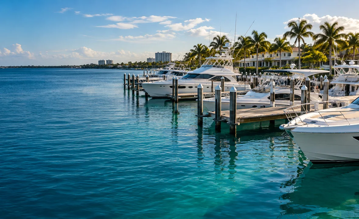 Calm turquoise water beside a marina with boats and a palm-lined shore